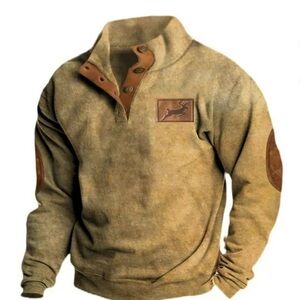 Beige Quarter Snap Fleece Pullover with Deer Logo – Size Large